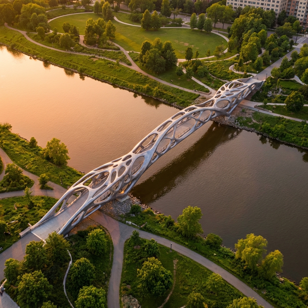 Aerial view: skeletal form spanning the river park