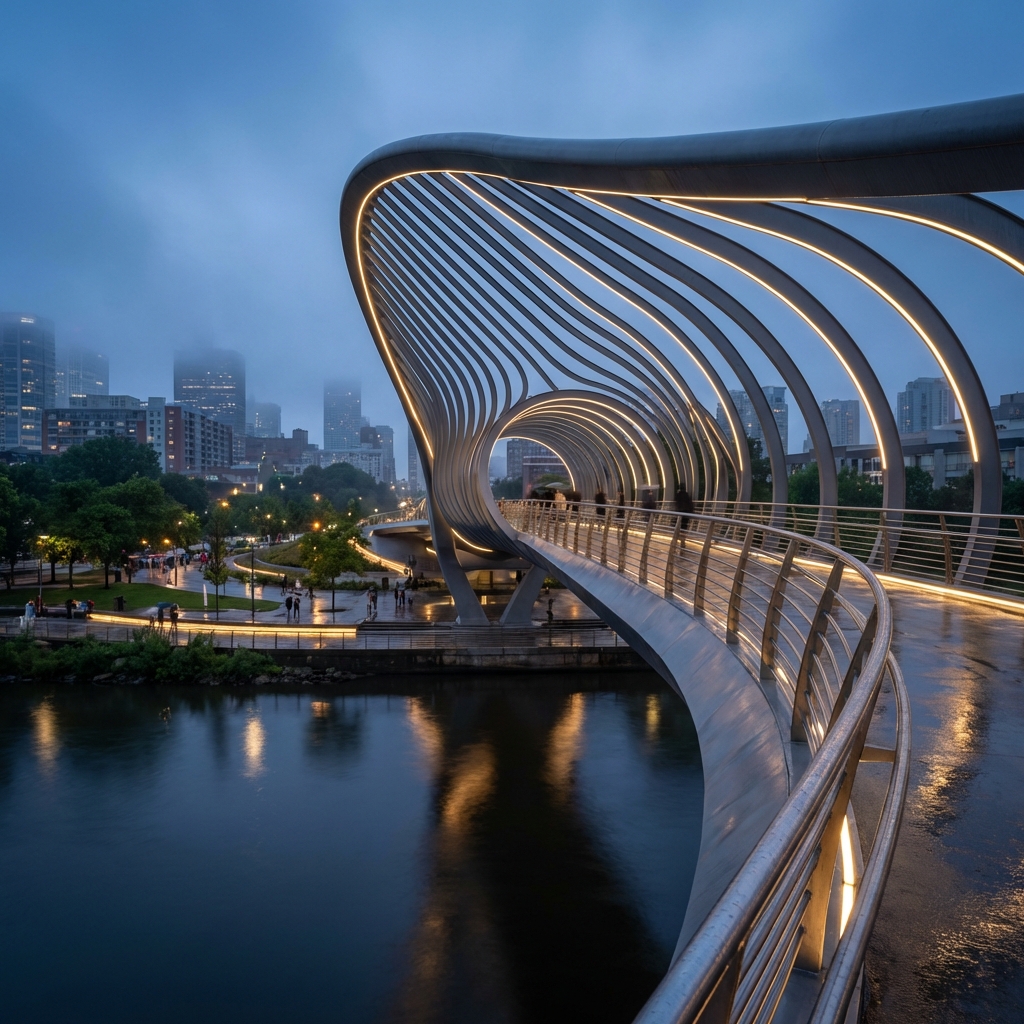 Integrated LED lighting along structural ribs, blue hour