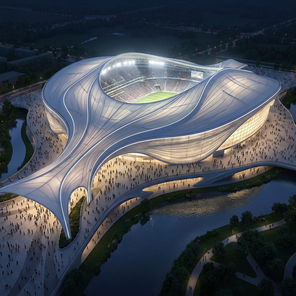 Stadium exterior with Venturi roof