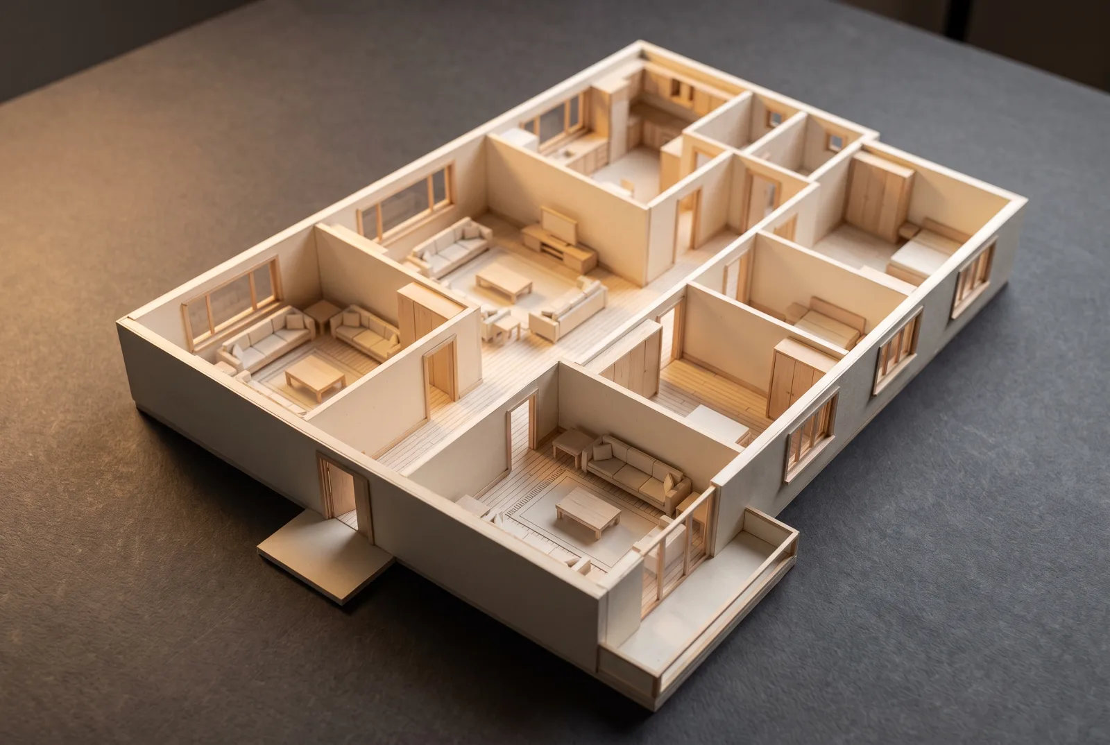 Illustrative sectional model: guest salon walled off beside the entrance