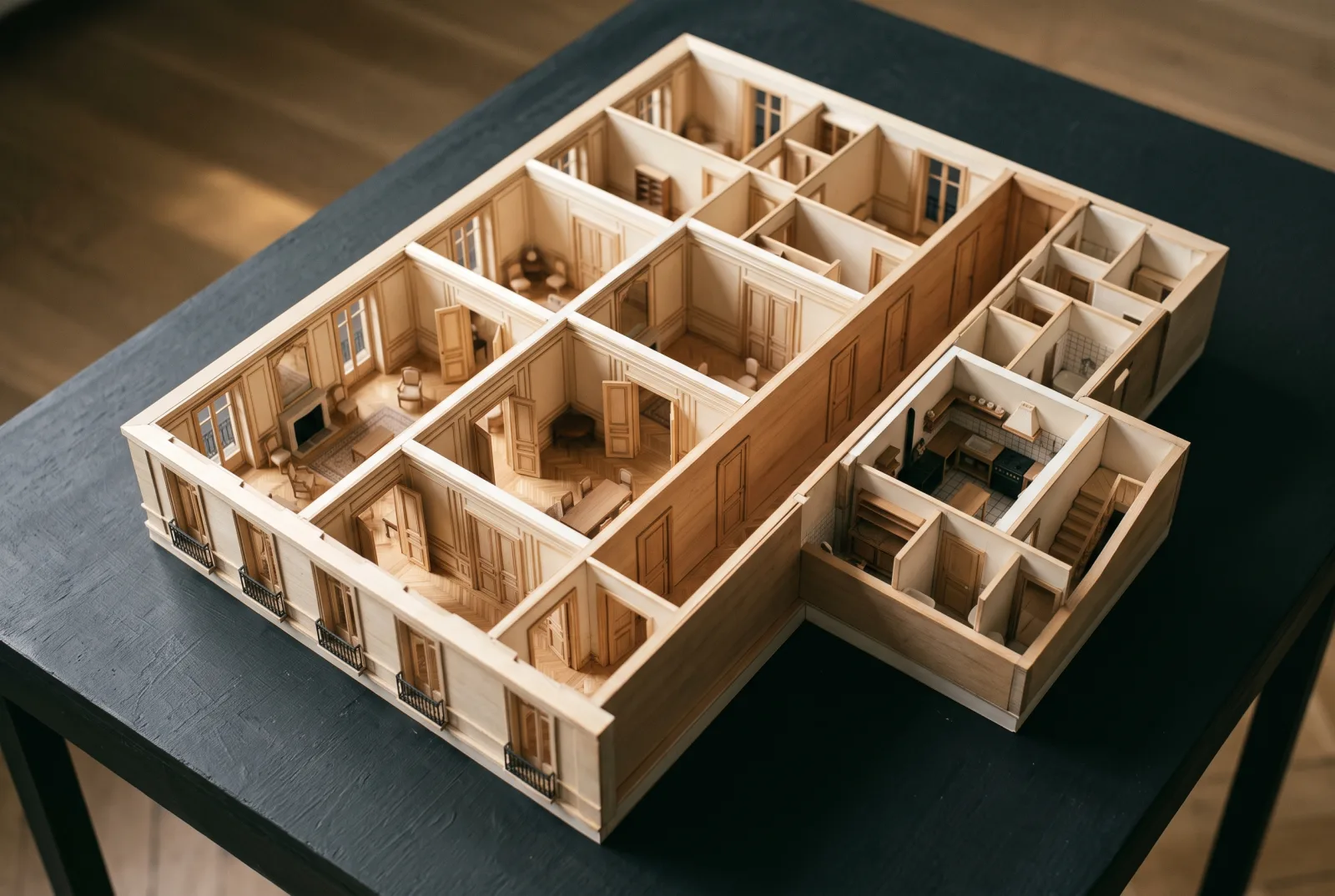 Illustrative sectional model: formal salons in front, service corridor behind