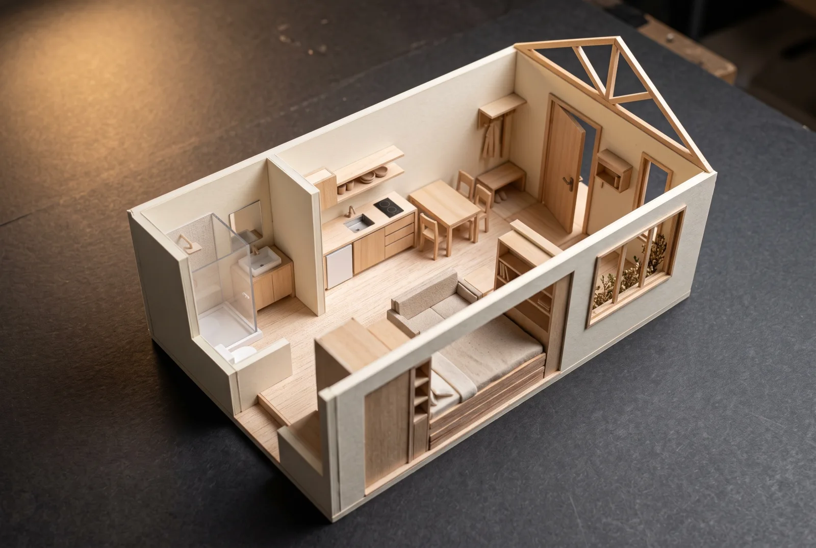 Illustrative sectional model: one continuous room, no interior doors