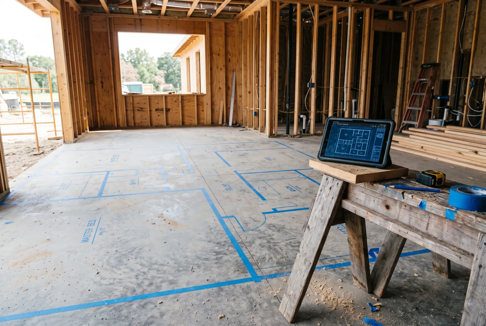 Construction site with layout lines taped on the floor and a tablet