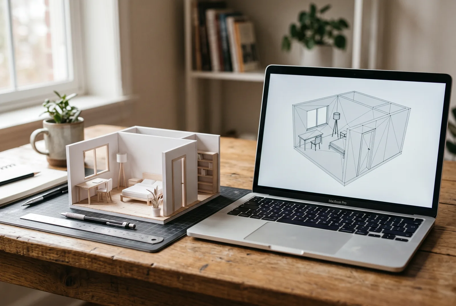 Room scale model beside a laptop showing its wireframe