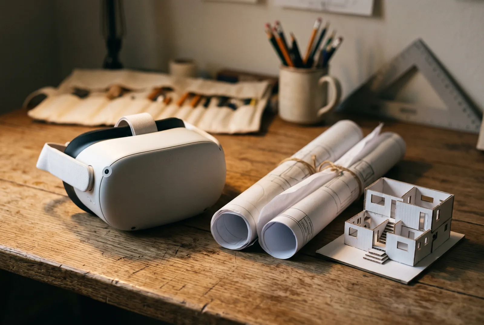 VR headset on a desk beside drawings and a model fragment