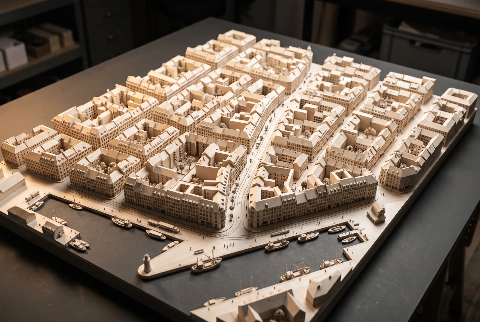 Illustrative study model: low-rise harbor city with a pedestrian spine