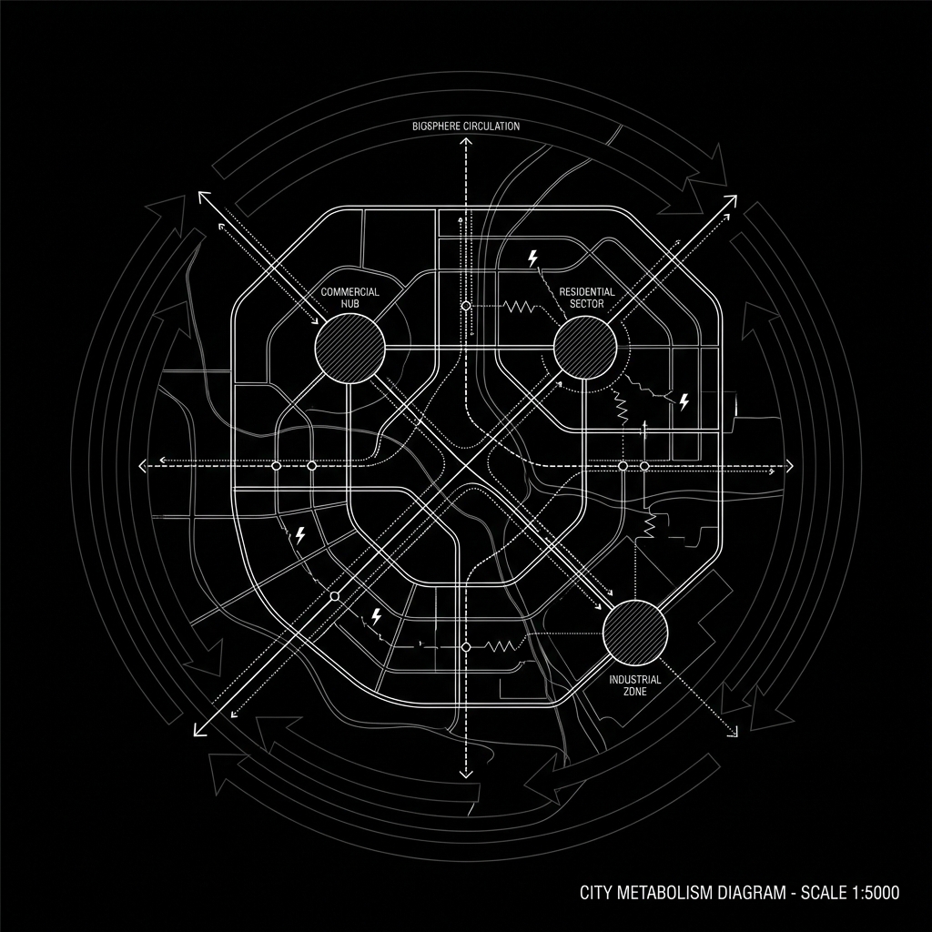 CITY - Pure systems scale. Traffic, energy grids, waste streams. The city is a living organism constantly processing matter and information.