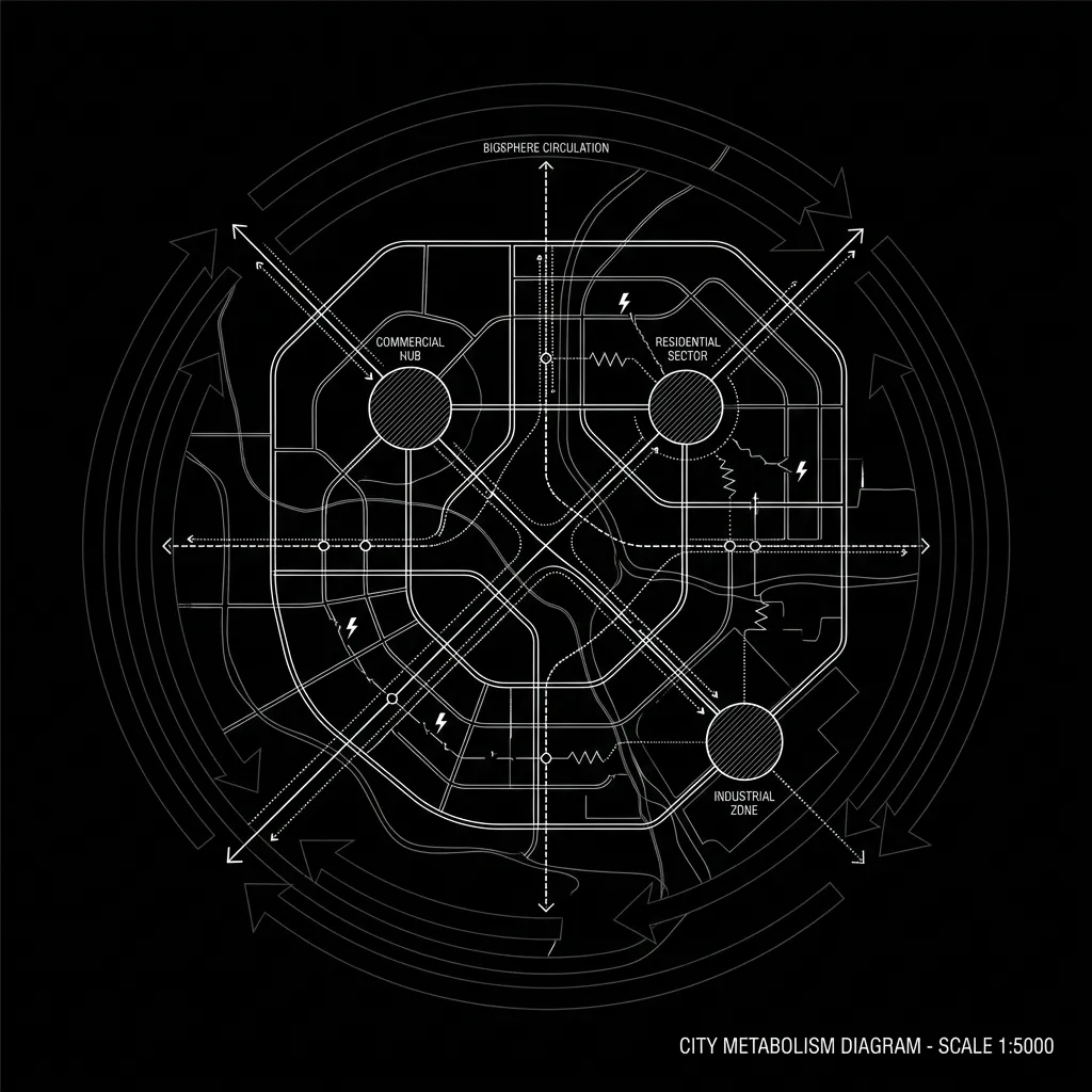 CITY - The city is a <strong>metabolism of flows</strong>: mobility, energy, water, waste, and information. Metropolis is not a neutral container; it is the arena where industrial, social, and ecological forces compete for spatial dominance. Building on Bettencourt's scaling laws, we model non-linear urban behavior to locate intervention points where small spatial changes produce system-level gains.